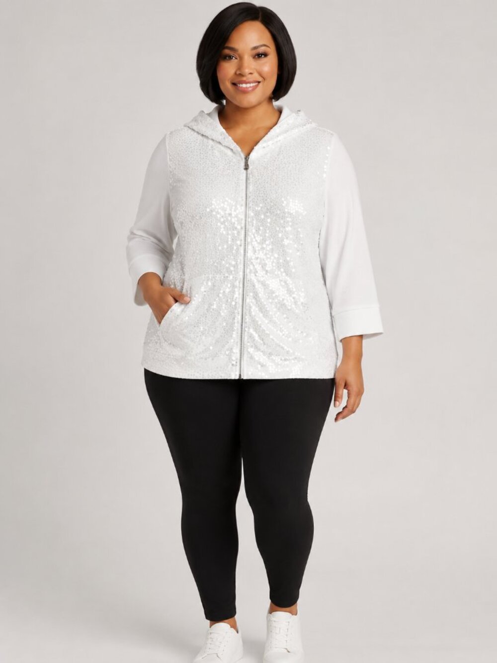 Quacker Factory Women's White Sequin Zip-Up Hoodie Jacket 3X Sparkling Casual
